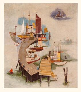Malerei des Ruhrpreisträgers von 1968 Helmut Lankhorst (1909-1979) mit dem Titel "Im Stadthafen", Öl auf Leinwand, 85 x 73 cm | Foto: Ständige Sammlung im Museum MMKM - Ruhrstraße 3