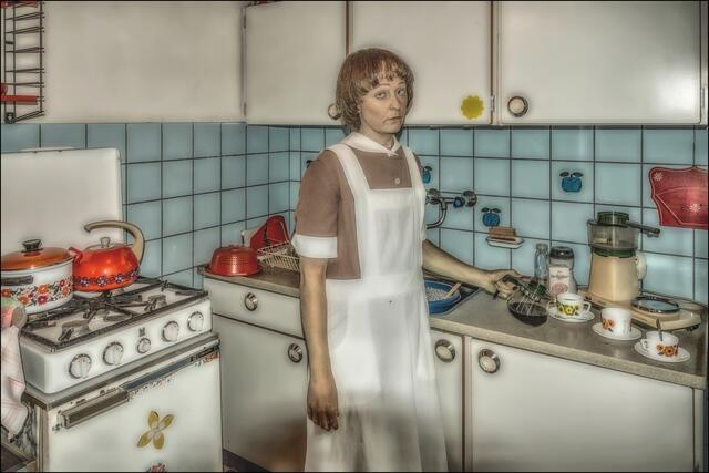 Die glückliche Hausfrau in den 60ern mit ihrem neuen Gasofen und den schönen Prilblumen.