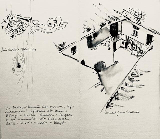 Leporello "Ungarnreise 1982" Edith Polland-Dülfer Blatt 5/12
"Im Nationalmuseum hat uns ein "Aufsichtsmann" aufgeklärt über Kaiser & Könige - zwischen Österreich & Ungarn, K & K - damals! - Aber auch noch heute: K & K: = Kader & Kreißki ! | Foto: Archiv Mülheimer Kunstverein KKRR