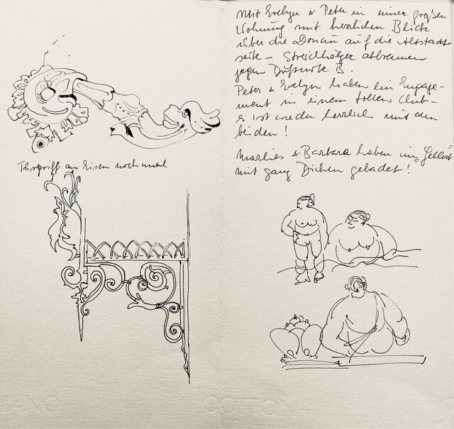 Leporello "Ungarnreise 1982" Edith Polland-Dülfer Blatt 12/12
"Marlies & Barbara haben im Gellert mit ganz Dicken gebadet! | Foto: Archiv Mülheimer Kunstverein KKRR