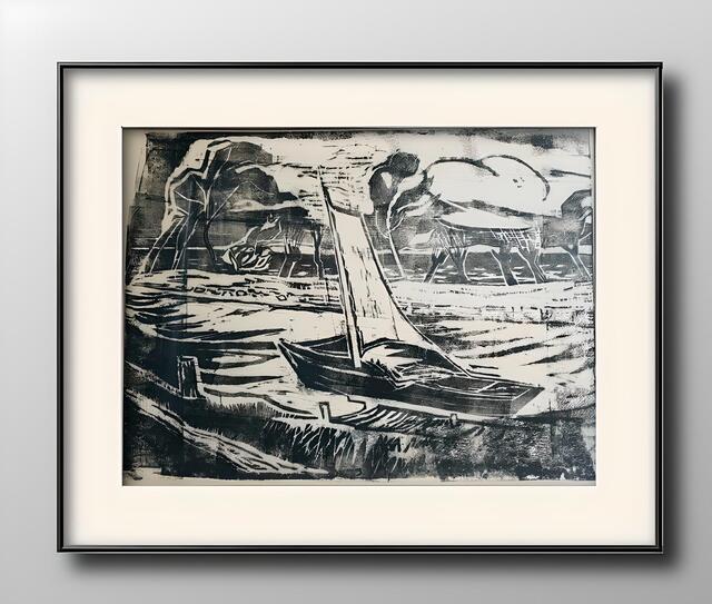 Hans Fischer "Ruhraak" großformatiger Linolschnitt (58 x 85 cm ) - mit diesen Schiffen wurde die Kohle auf der Ruhr flussabwärts verschifft - zurück kamen die Schiffe dann mit Kolonialwaren z.B. für Wilhelm Schmitz-Scholl in der Ruhrstraße 3 / Ecke Delle | Foto: Mülheimer Kunstverein und Kunstförderverein KKRR