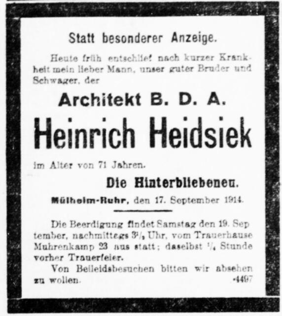 Traueranzeige in der Rhein- und Ruhrzeitung vom 18. September 1914. 