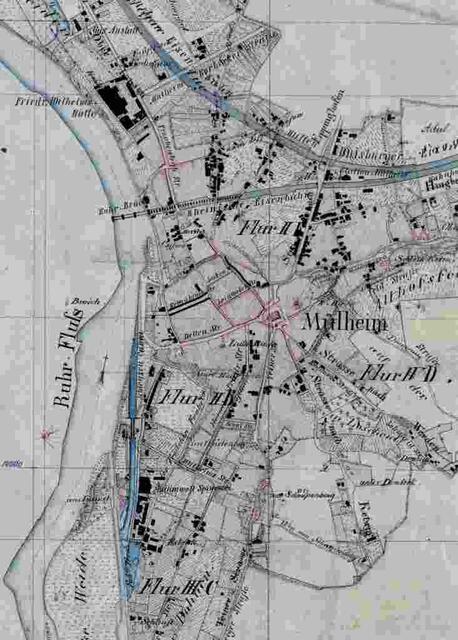 Wasserkraft-Nutzung in der Ruhrtalstadt mit dem sog. Fabrikkanal (hier blau gekennzeichnet)  war zum Beginn der Industrialisierung in Mülheim selbstverständlich | Foto: Archiv Mülheimer Kunstverein KKRR