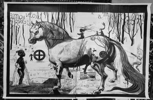 "Haide"
Woodcut Diptychon, circa 140 x 200 cm
Franca Bartholomäi aus Halle
Lehrstuhl für Holzschnitt in Halle/Uni
zahlreiche Preise und Arbeitsstipendien der Merkel Collection
Slg Merkel | Foto: Fotoarchiv Merkel und Merkel und Franca Bartholomäi