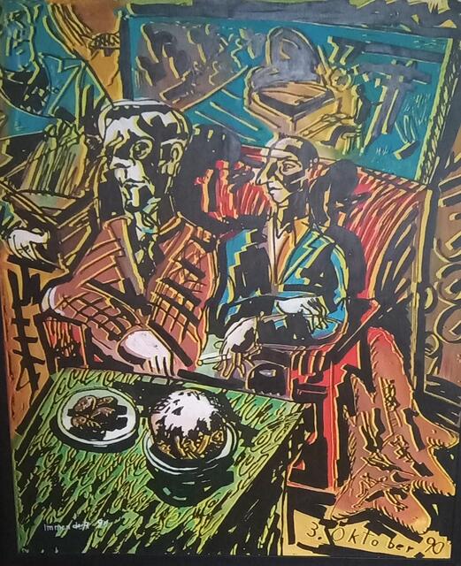 Immendorff
Schmidt und der Künstler, Linocut auf Leinwand
Slg Merkel
HENRYS Topact Auktion Zeitgenössische Februar oder März 25 | Foto: Immendorff, Merkel, Henry's