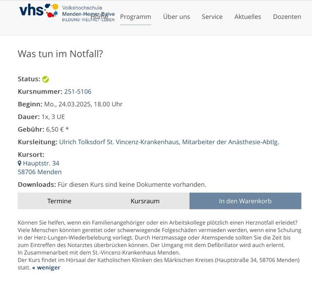 Gar nicht teuer und Menschen können gerettet werden!
Es sind noch Plätze frei. Anmeldung bei der vhs.