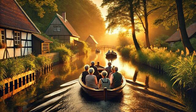 Tagesausflüge zum Kahnfahren in den Spreewald (Foto) und nach Dresden sind  bei der Seniorenfreizeit ebenfalls vorgesehen.
Foto: Ev. Kirchenkreis Duisburg, KI-generiert mit chatGPT.com
