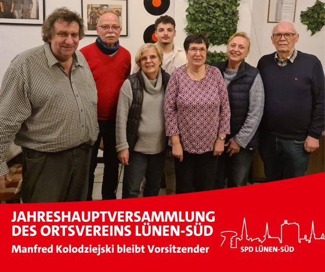 Das Foto zeigt v.l.: Manfred Kolodziejski, Martin Weiberg, Anke Hoppe, Nurettin Tek, Jutta Jaszmann, Ute Kolodziejski und Karl-Heinz Brannhoff. | Foto: Ortsverein Lünen-Süd