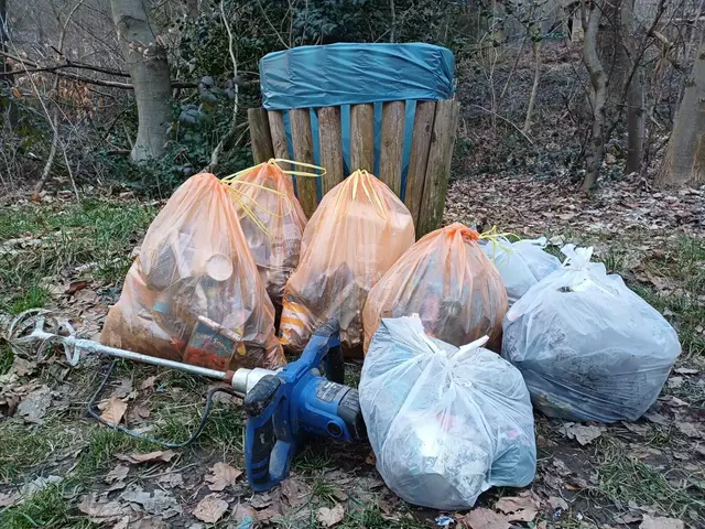 Beim Aufstellen der Amphibienleiteinrichtung haben die Ehrenamtlichen Müll rund um den Hexenteich gesammelt. Foto: B. Vangerow