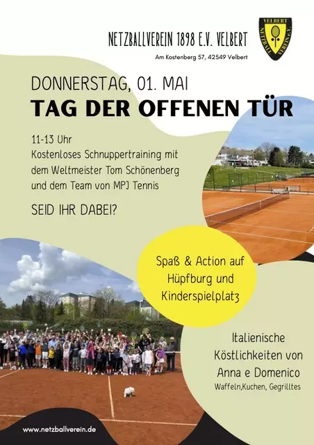 Der Netzballverein Velbert lädt am Donnerstag, dem 1. Mai alle Velberter und Tennisinteressierten aus den Nachbarstädten auf seine Anlage Am Kostenberg 57 in Velbert ein. | Foto: Ihlo (Netzballverein)