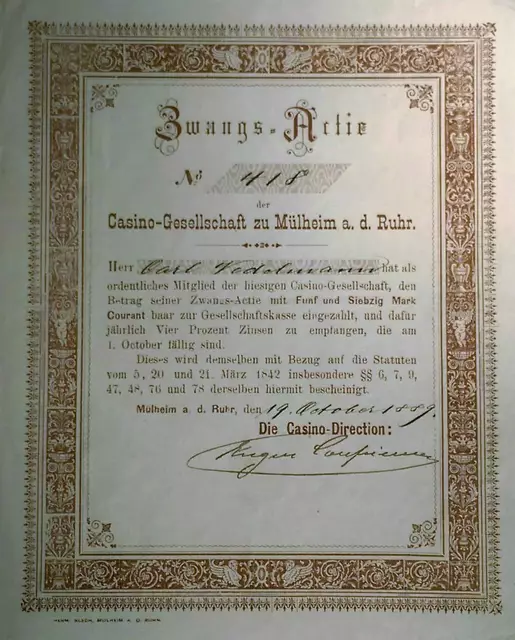 Eine der vielen "Zwangsaktien" - die Mitglieder brachten so damals den Kaufpreis zusammen. Hier die Aktie von Carl Nedelmann, unmittelbarer Nachbar. Seine zerbombte Villa musste 1960 einem Parkplatz weichen. Eugen Coupienne unterzeichnete die Aktie als Vorstandsmitglied des Vereins | Foto: Archiv