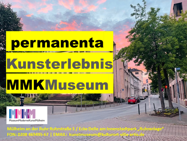 Kunsterlebnis in der Ruhrtalstadt Mülheim
EINTRITT und FÜHRUNGEN stets frei!
ÖPNV: "Stadtmitte-MH"
NAVI:   "Delle 54"
PARKEN: "Delle" oder "CASINO" | Foto: Kunstverein KKRR Mülheim an der Ruhr (-straße 3)