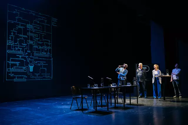 Bei der Programmpräsentation stellen Albrecht Schroeder, Johan Simons, Angela Obst und Moritz Hannemann das Programm der neuen Spielzeit vor. | Foto: Daniel Sadrowski