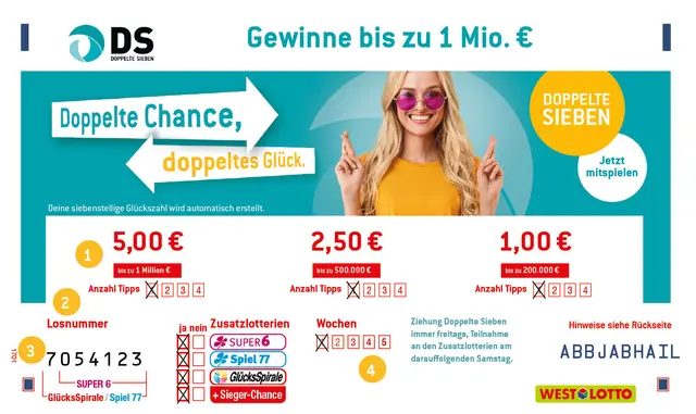 Bei der Doppelten Sieben kann man von beiden Seiten gewinnen. Ziehungstag ist der Freitag. | Foto: Schlag &amp; Roy GmbH