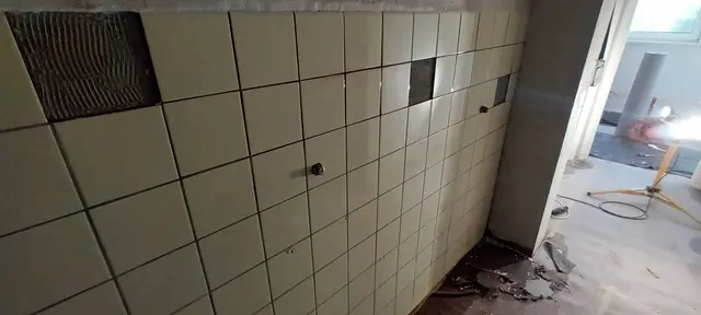 DIe alten indisch-elfenbein-farbenen Fliesen, die obere mit abgerundeter Kante, wurde befreit von altem Putz und alter Tapete, Schadstellen wurden ausgebessert...