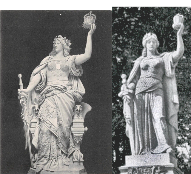 Abb. 6. Links: AK Germania vom National-Denkmal auf dem Niederwald von Johannes Schilling (1883): Rechts gespiegelt: E. Neumann, Kaiserlinde 1, 327 Abb. 16/9. In Anlehnung an das Niederwalddenkmal, stützt sich die Statue mit der linken Hand auf ein gesenktes Schwert und hält in der rechten Hand eine Kaiserkrone empor. | Foto: Bildrechte 70 Jahre nach dem Tod des Urhebers erloschen.