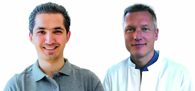 Ein gutes Team (v.l.): Rustam Ibrahim, Oberarzt der Klinik für Radiologie sowie Departmentleiter für interventionelle Radiologie und Sascha Zink, Chefarzt der Klinik für Neurochirurgie