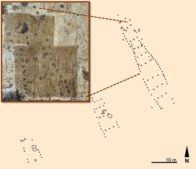 Im südlichen Teil der Grabungsfläche waren mehrere Grundrisse jungsteinzeitlicher Häuser überliefert, die hier um 4700 v. Chr. errichtet wurden. Das Foto zeigt den Bereich, in dem sich zwei Grundrisse überschneiden.
Grafik: LQ Archäologie/LWL-Archäologie für Westfalen/M. Baales