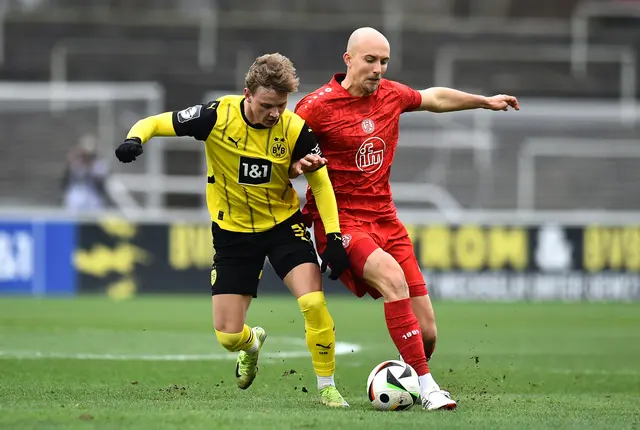 Das letzte Duell: RWE-Innenverteidiger Tobias Kraulich (r.) im Zweikampf mit Cole Campbell vom BVB II am 1. März. | Foto: Thorsten Tillmann/FFS