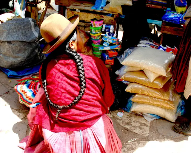 Quechua Frau mit ihren Zöpfen