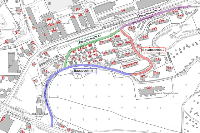 Plan der Bauabschnitte für die Fahrbahnsanierung Löbbeckenkopf. 
Quelle: Stadt Iserlohn 
