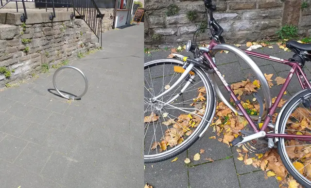 Das Lindener Phänomen: Der Fahrradanlehnring ohne und mit abgestelltem Fahrrad. Fotos: Ulli Engelbrecht