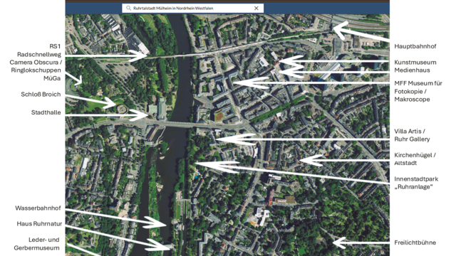 Kunst &amp; Kultur in der Ruhrtalstadt Mülheim
-Übersicht über den Stadtkern, der von der Ruhr durchströmt wird | Foto: Basis: GEOportal.nrw