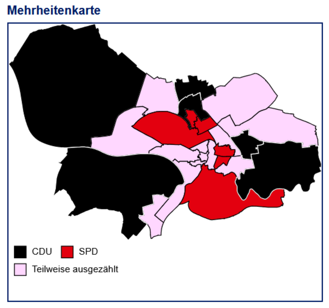 Verteilung Direktmandate im Rat der Stadt Wesel Stand 21:20 Uhr.