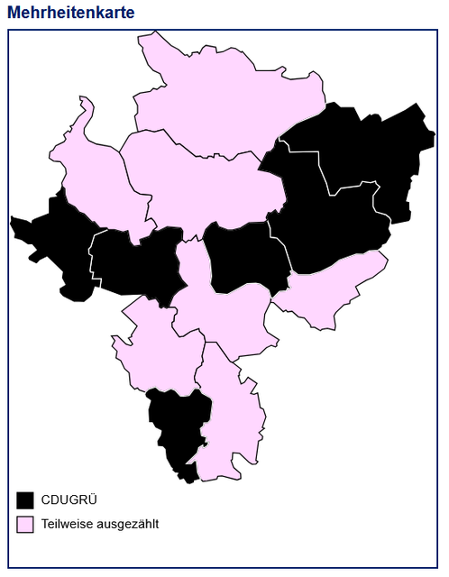 Landratswahl nach Kommunen Stand 21:30 Uhr. Es zeichnet sich ab, dass die Kartte bis auf Kamp-Lintfort schwarz wird, Amtsinhaber Ingo Brohl liegt mit 46,45 % uneinholbar vorne.