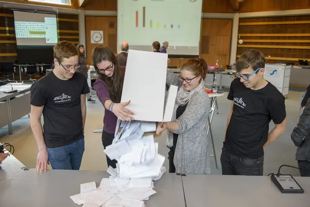So sah die Auszählung bei der ersten U18 Wahl in Wesel 2017 aus. Da lief die Gesamtauszählung im Sitzungssaal des Weseler Rathauses | Foto: Mathias Kneppeck Fox Agentur