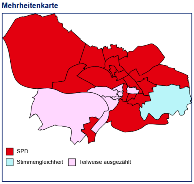 Verteilung der Ratswahlbezirke Stand 19:27 Uhr.
16 Mal eine Mehrheit für SPD-Kandidat Rainer Benien. 1 Mal Stimmengleichheit.