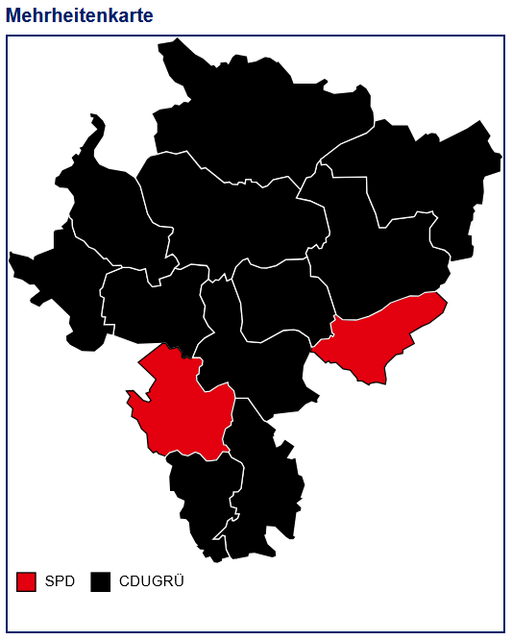 Mehrheitenkarte Landratswahl.
Amtsinhaber Ingo Brohl konnte in 11 Kommunen überzeugen.