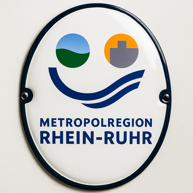 Emailleschild - vorzugsweise an kulturellen Einrichtungen, die sich mit der Region Rhein-Ruhr verbunden fühlen.

MUTIG - FREUNDLICH - ZUVERLÄSSIG

Zwei stilisierte Kreise symbolisieren die „Augen“ eines Smilies – links die grüne Landschaft, rechts die urbane Skyline. Die darunter geschwungenen blauen Linien, die Rhein und Ruhr darstellen, formen gemeinsam einen lächelnden Mund. So entsteht ein freundliches, einladendes Gesicht für die Metropolregion.

 | Foto: KKRR-lizenzfrei