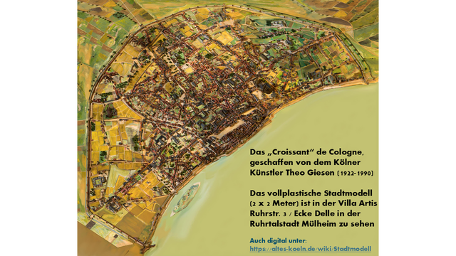 Das alte Köln hat die Form eines Croissants - das Stadtmodell von Theo Giesen ist ein einmaliges Unikat - es entstand als es weder Google noch KI-Hilfsmittel gab in jahrelanger Kleinarbeit | Foto: Mülheimer Kunstverein KKRR, Bernd Pirschtat