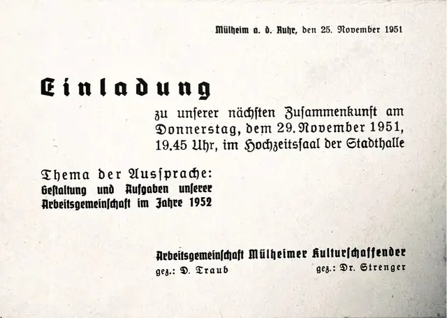 Einladungskarte der AGMK vom 25.11.1951

Damals konnten alle kulturellen Mülheimer Vereinigungen die Stadthalle Mülheim kostenfrei für Treffen und Veranstaltungen nutzen. | Foto: ARCHIV: Mülheimer Kunstverein KKRR