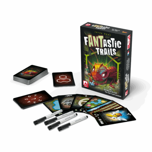 Fantastic Trails ist ein neues Roll &amp; Write-Spiel von NSV, bei dem es darum geht, wer die längste Ameisenstraße baut. Es gilt die Zahlen geschickt auf den Waldbodenkarten einzutragen. Foto: NSV