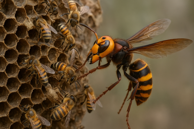 Foto KI generiert.
In der Regel haben die Wenigsten asiatische Hornissen aus  aus der Nähe fotografiert