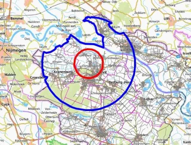 Zur Eindämmung der Übertragungsgefahr wurde um den betroffenen Betrieb jeweils eine Schutz- und Überwachungszone errichtet. | Foto: Kreis Kleve