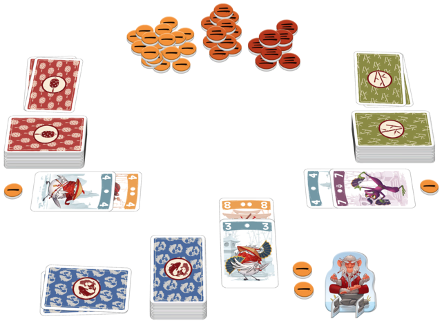 Bei "Meister Makatsu" spielt jeder Ninjas aus seinem Deck aus. Immer, wenn zwei Karten liegen, wird gewertet. Wer kassiert die wenigsten Minuspunkte? Foto: AMIGO