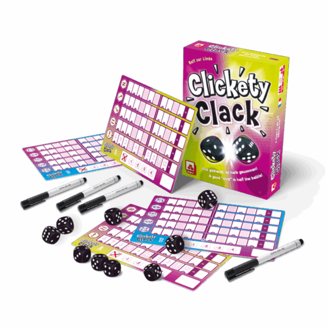 "Clickety Clack" von NSV verbindet Würfelglück mit strategischem Denken. Ein schnell erklärtes Roll &amp; Write. Foto: Nürnberger Spielkarten Verlag