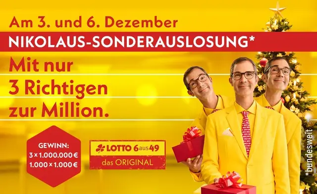 Bundesweite Nikolaus-Sonderauslosung bei LOTTO 6aus49: Unter allen Tipps mit drei Richtigen werden 3 x 1 Million Euro ausgelost. Aber das ist noch nicht alles: 1.000 weitere Tipper haben die Chance auf ein Taschengeld in Höhe von 1.000 Euro.  | Foto: WestLotto