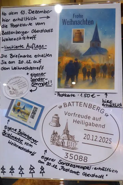 Aufsteller in der Bäckerei Bienhaus, in der ab dem 13.12.2025 die Weihnachts-Postkarten gekauft werden können.