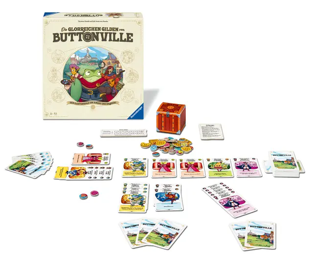 „Die glorreichen Gilden von Buttonville“ von Ravensburger ist ein Deckbuilding-Spiel für zwei bis vier Spieler ab acht Jahre. Foto: Ravensburger