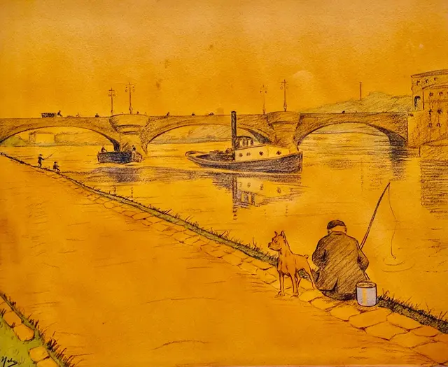 Zeitgenössische Kunst: "Angler vor der Schloßbrücke Mülheim" von Hermann Haber (1882-1942)  - Pastell im MMKM Museum Moderne Kunst Mülheim, Ruhrstr. 3 / Ecke Delle | Foto: Mülheimer Kunstverein KKRR