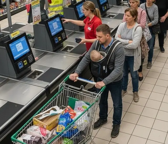 Referenzbild: Kunden warten an den Selbstbedienungskassen
Foto: p.ries-Ki-gen.