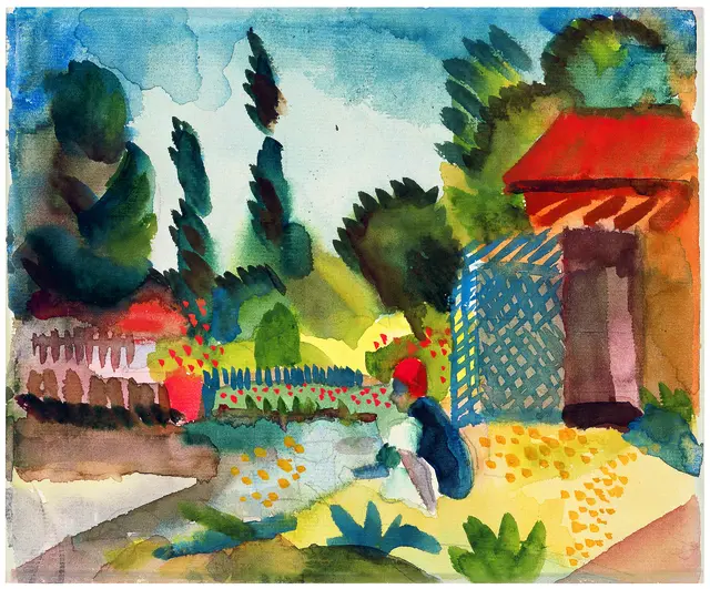 August Macke, Gartenhäuschen, 1914
Aquarell auf Velin, 22 x 28 cm
© Stiftung Sammlung Ziegler
