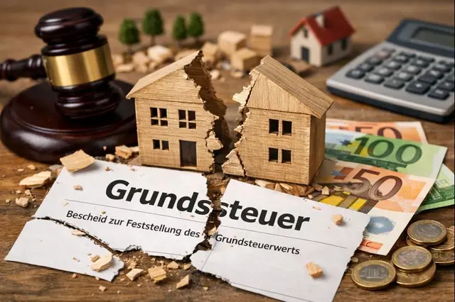 Zerrissene Bescheide und ein geteiltes Haus: Die gesplittete Grundsteuer sorgt nicht nur für wachsende Unsicherheit bei Eigentümern und Mietern, sondern auch für ein großes Defizit in der Stadtkasse, das durch teure Zinskredite überbrückt werden muss. | Foto: chatgpt