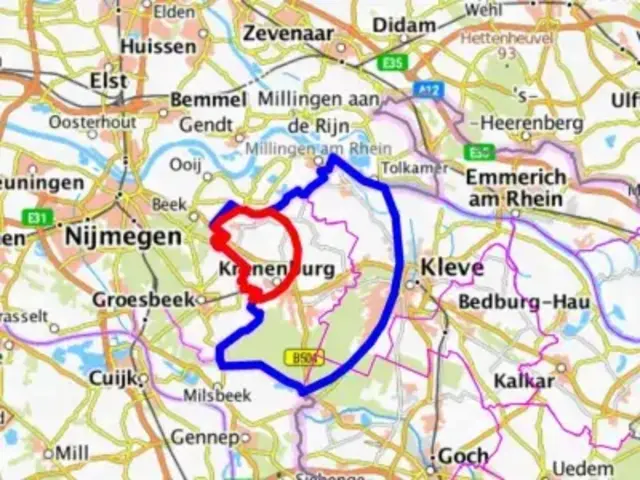 Die Schutz- und die Überwachungszone zum Ausbruch der Geflügelpest in Kranenburg | Foto: Kreis Kleve