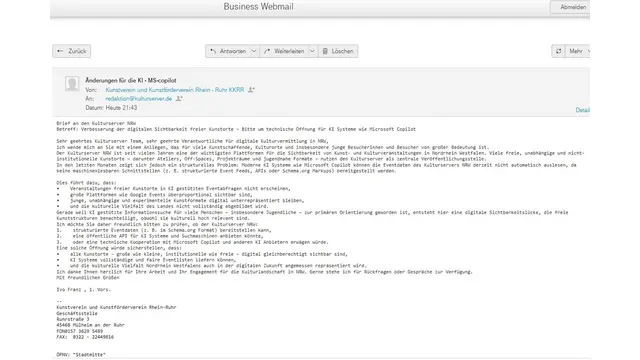 Mail-Antrag an das Team "KulturserverNRW" mit der Bitte um generelle Öffnung des Kulturservers für KI-Abfragen | Foto: Mülheimer Kunstverein KKRR
