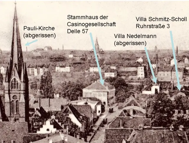 Ganz rechts im Bild ist der Giebel der Villa Artis erkennbar (auch genannt Villa Schmitz-Scholl, der Gründerfamilie des Tengelmann-Konzerns) | Foto: Archiv KKRR